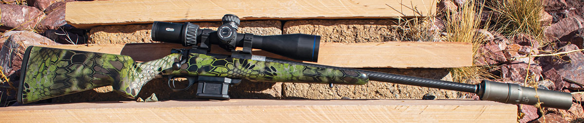 The Howa Carbon Elevate weighs 4 pounds, 10 ounces and features a 20-inch carbon fiber wrapped barrel and a Stocky’s carbon-fiber stock in Kyrptek Altitude camouflage.